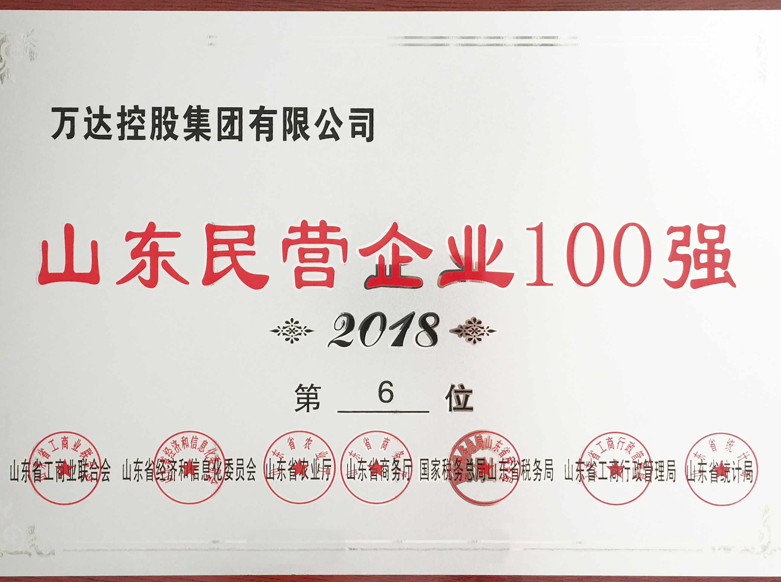 万达集团荣获“山东民营企业100强第6位”荣誉称号