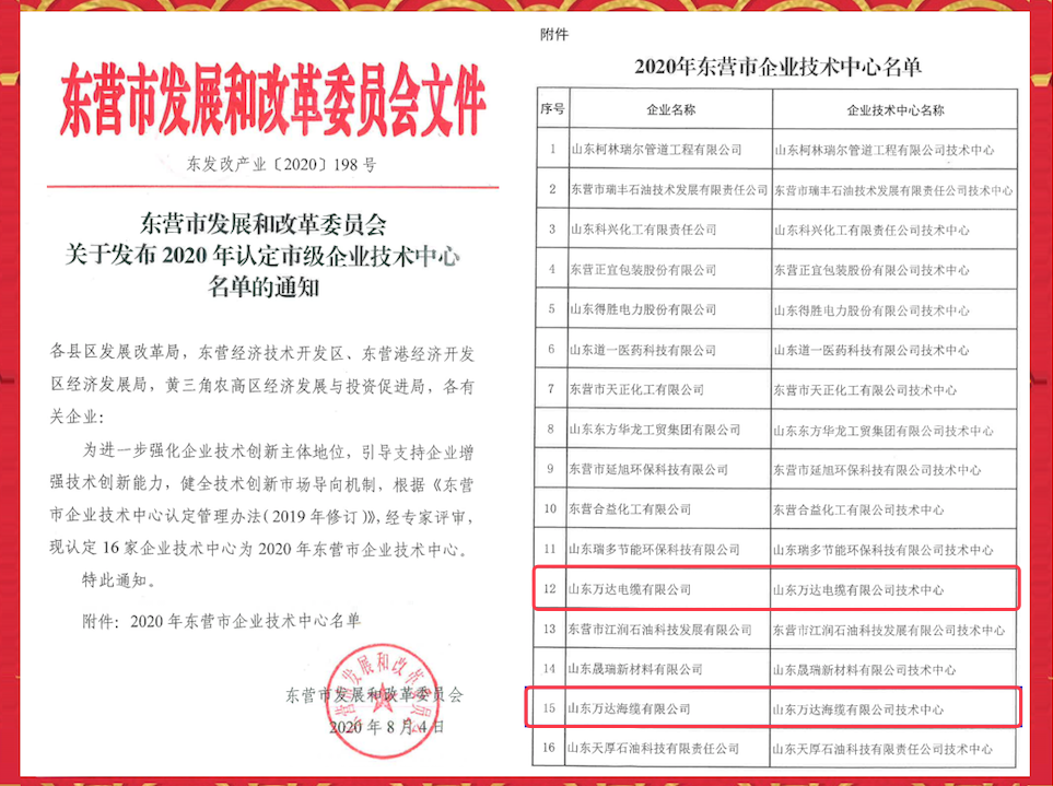 自主创新再上新台阶——万达海缆与万达电缆顺利通过“东营市企业技术中心”认定
