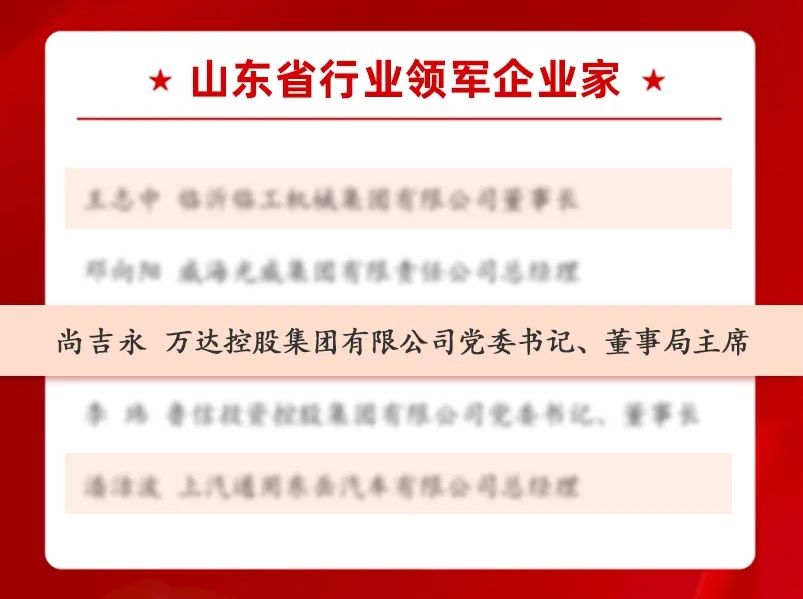 万达集团党委书记、董事局主席尚吉永被省委省政府授予“山东省行业领军企业家”荣誉称号，记一等功
